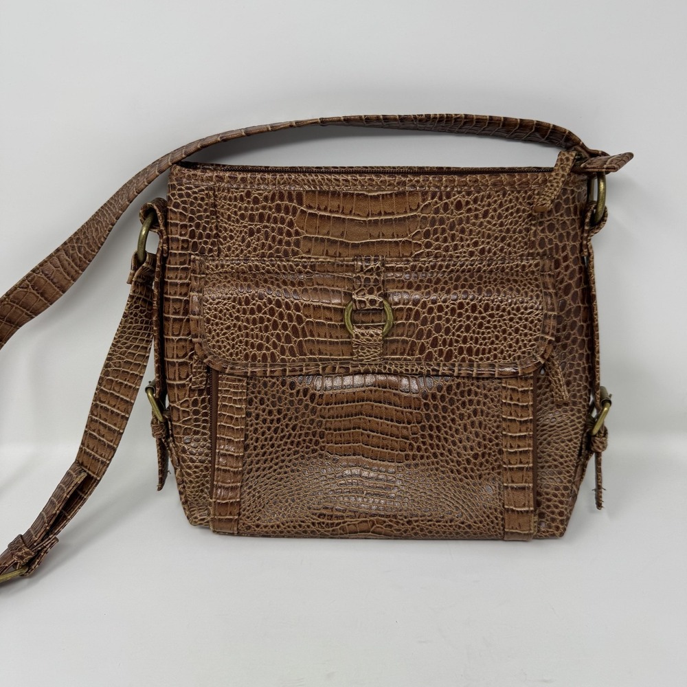 Coldwater Creek Womens Brown Croc‎ Embossed Faux Leather Organizer Handbag